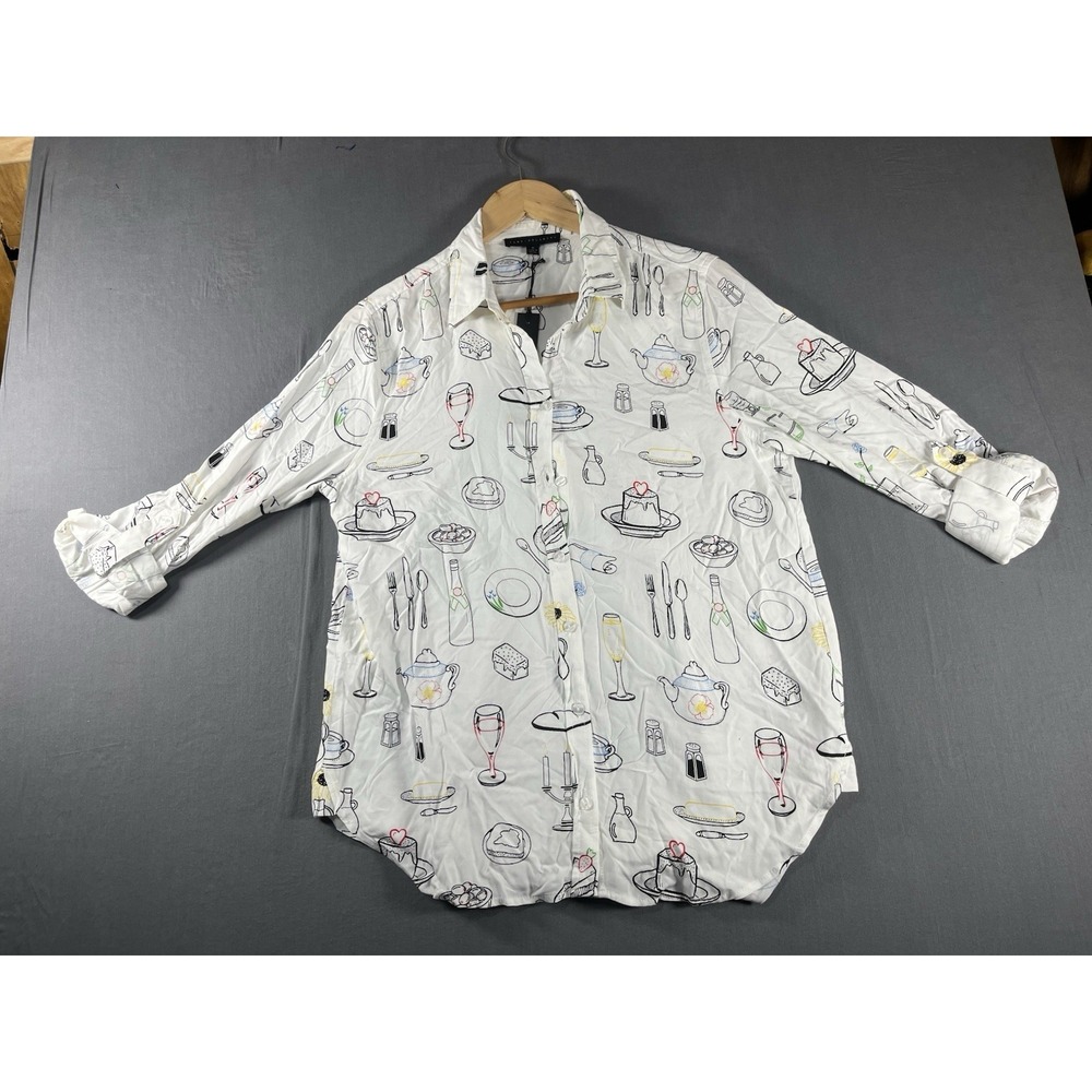 JANE + DELANCEY Shirt Womens Medium White Wine Food Print Button Front Top